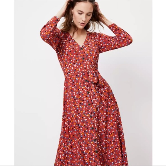 Loft Dotted V-Neck Tie Waist Midi Shirtdress 2 4 16 - Picture 4 of 4